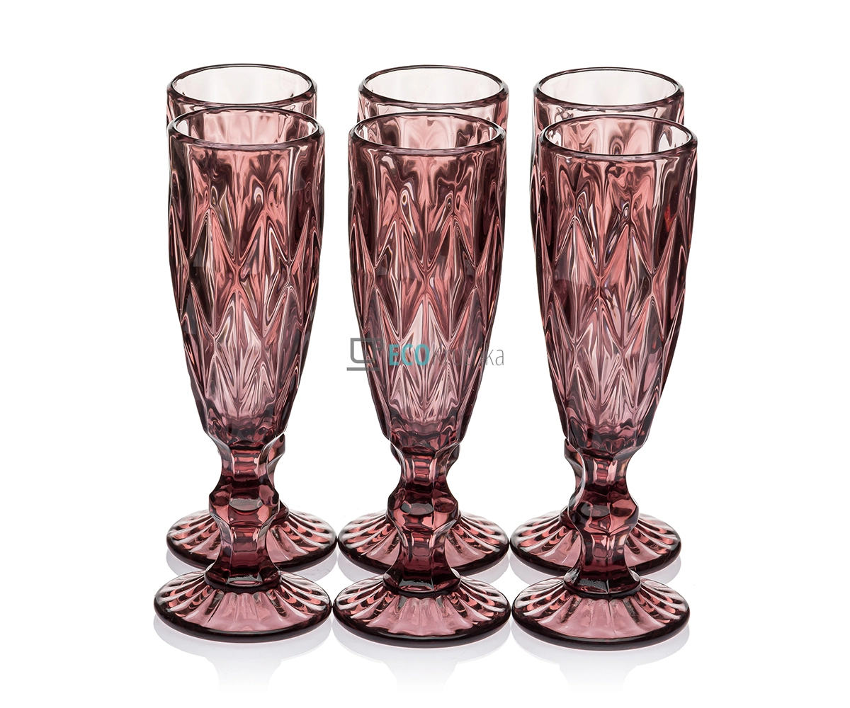 Набір келихів для шампанського з кольорового скла 6 шт Glassware 150 мл Рожевий EK9008