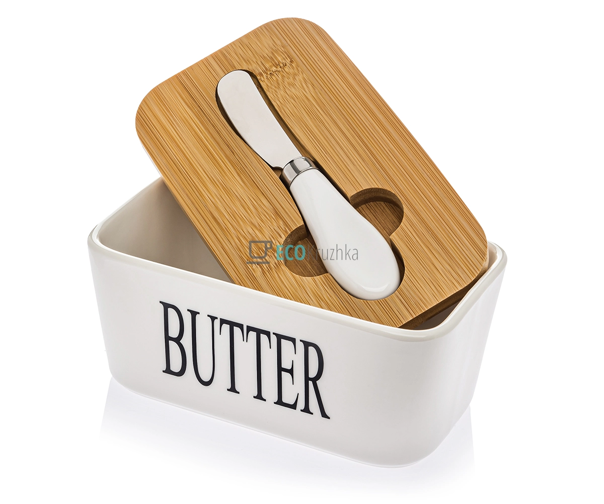 Маслянка керамічна з ножем та бамбуковою кришкою Butter EK12398