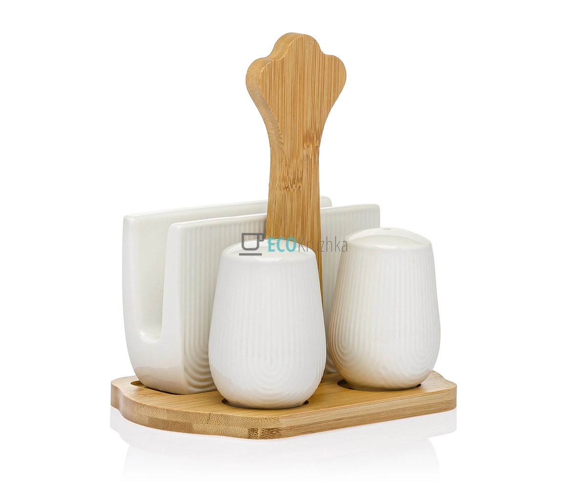 Набір на бамбуковій підставці три предмети ( серветниця, сільничка, перечниця ) PJ03434