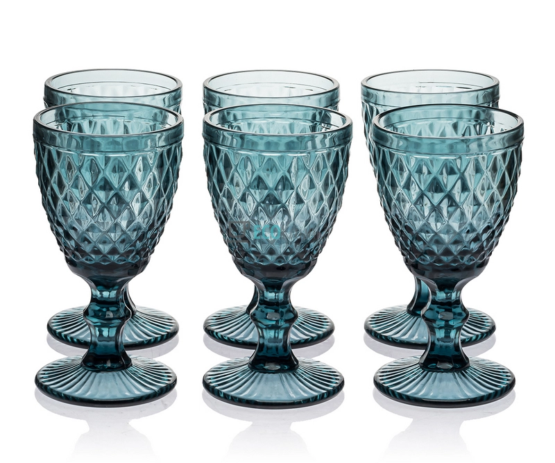 Келихи для вина з кольорового скла 6 шт Glassware 240мл Синій (дрібний ромб) EK9017