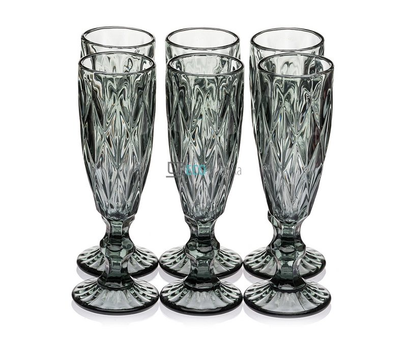 Набір келихів для шампанського з кольорового скла 6 шт Glassware 150 мл Сірий EK9005