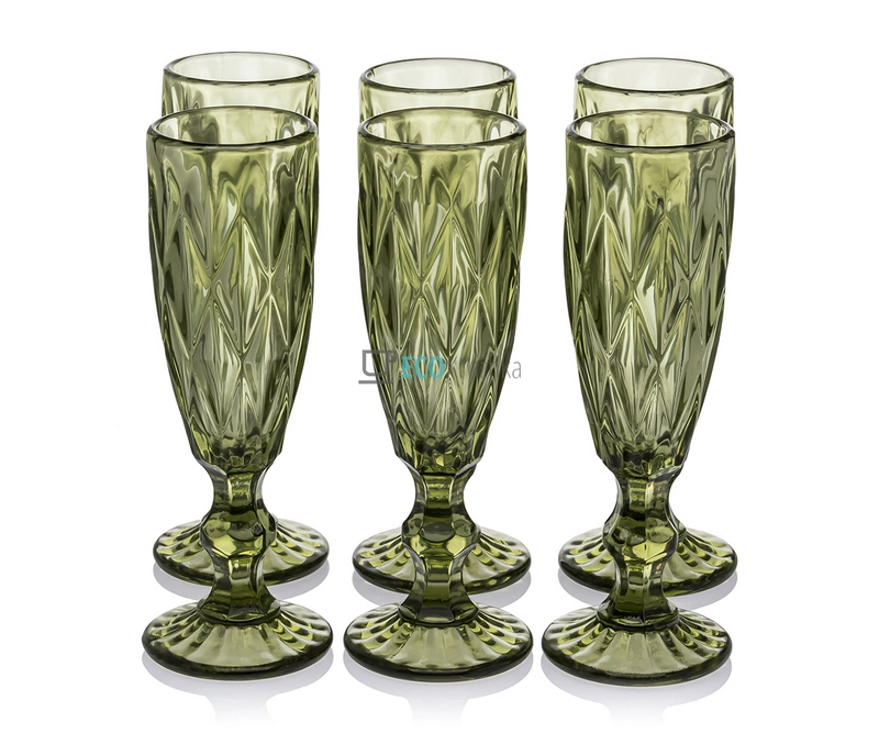 Набір келихів для шампанського з кольорового скла 6шт Glassware 150 мл Смарагдовий EK12322