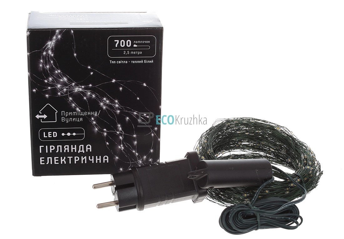 Гірлянда-пучок 700 LED, теплий білий колір, 28 ниток по 2.5 м, 25 діодів/нитка, зелений дріт, постійне світіння 830-353