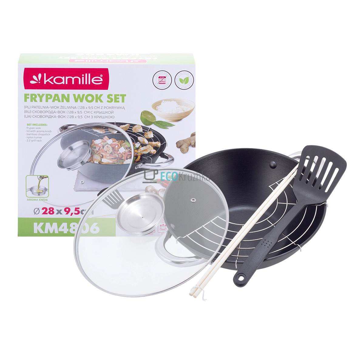 Казан чавунний "Wok", з антипригарним мармуровим покриттям 28 см, 3.6л Kamille KM-4806MR