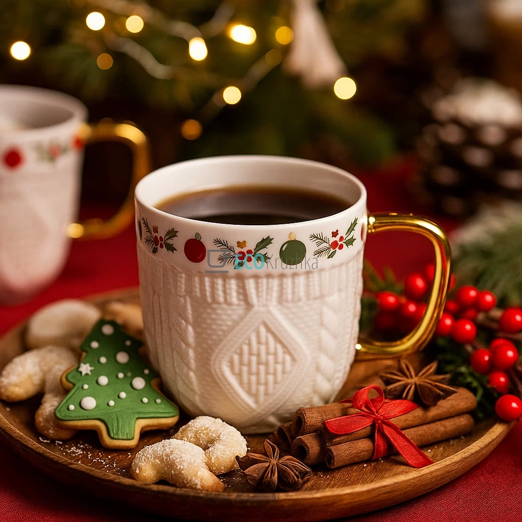 Порцелянова чашка 340 мл з написом Happy Holidays і золотою ручкою (311-113)