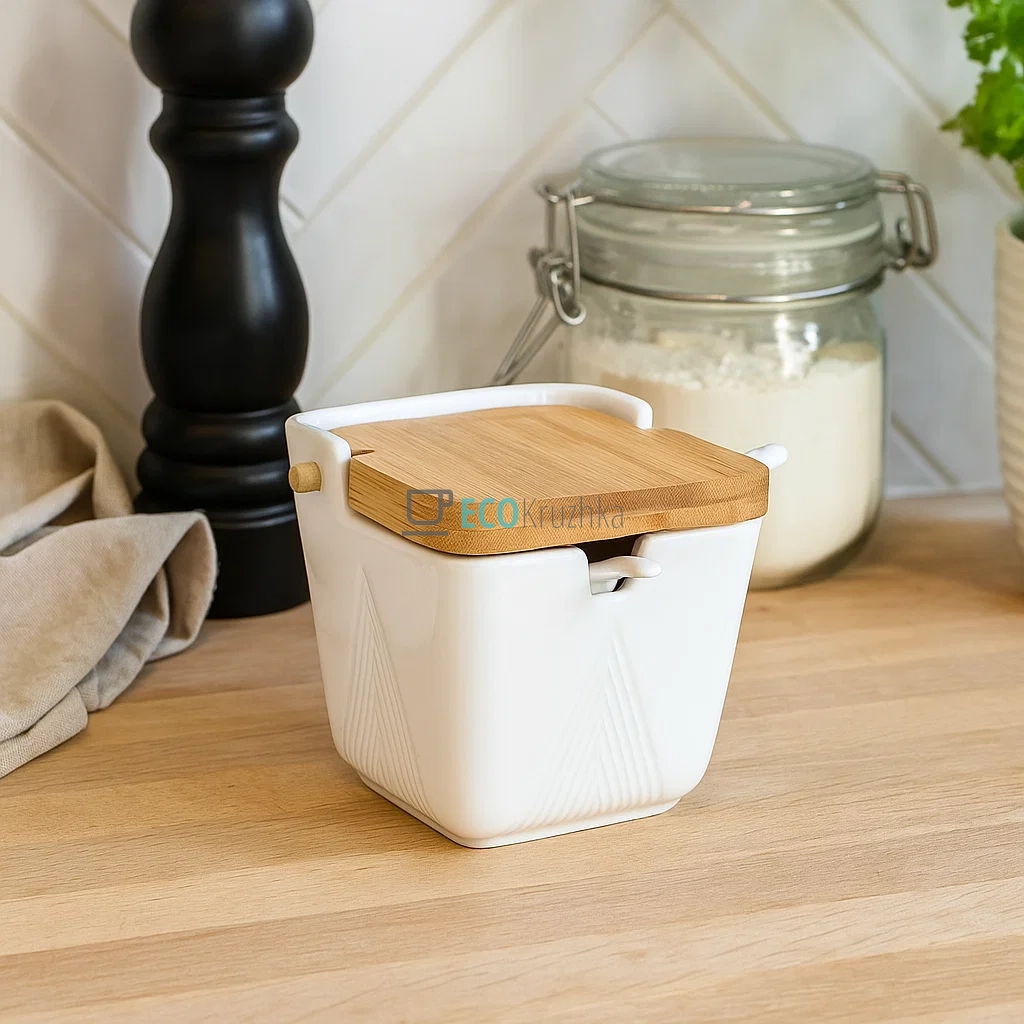 Цукорниця порцелянова з ложкою та бамбуковою кришкою Grace 10.5 х 9.5 см (289-410)