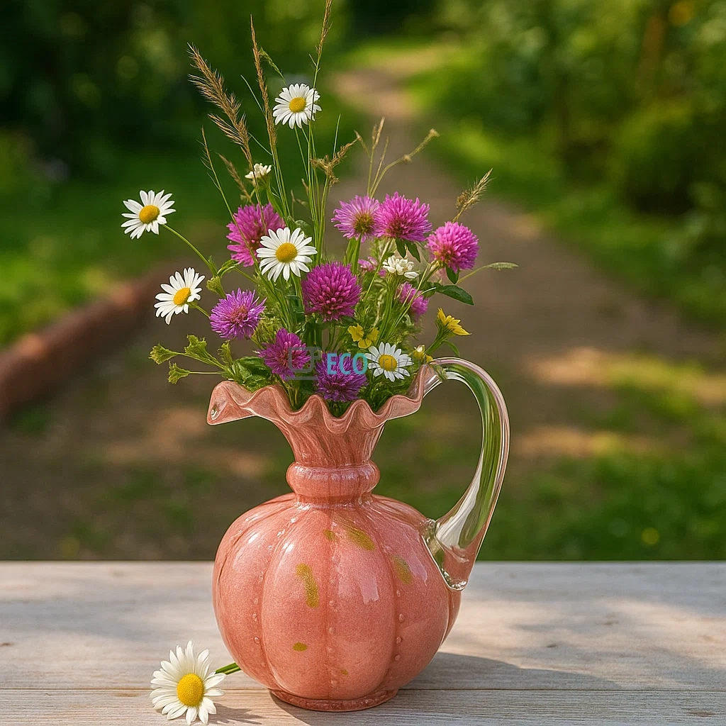 Скляна ваза ручної роботи з ручкою Roselle 12×17 см — пильно-рожевий (992-431)