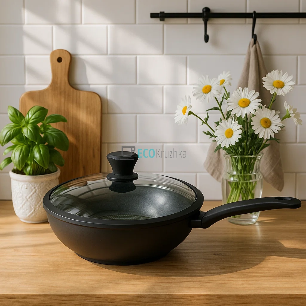 Сковорода Вок (WOK) з алмазним покриттям та скляною кришкою, 4,6 л (30x8,5 см) Edenberg EB-3490