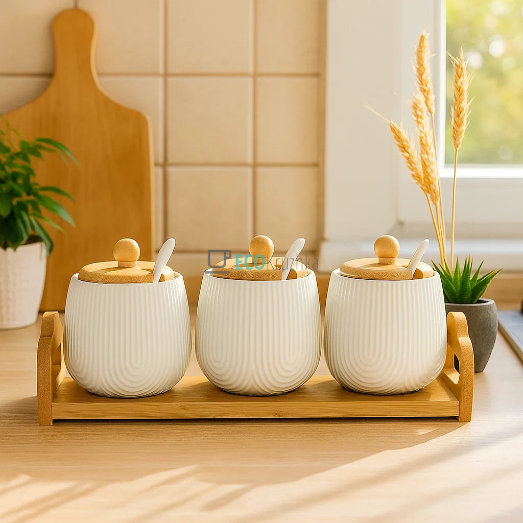 Набір банок із ложками (3 шт) 350мл для сипучих продуктів на бамбуковій підставці Naturel 289-395 Набір банок із ложками (3 шт) 350мл для сипучих продуктів на бамбуковій підставці Naturel 289-395