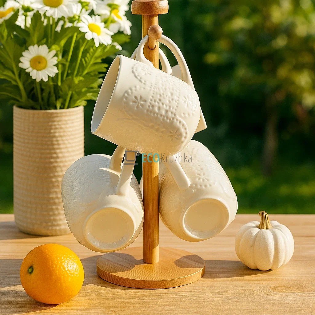 Набір чашок на бамбуковій підставці 340 мл Interos PJ02118