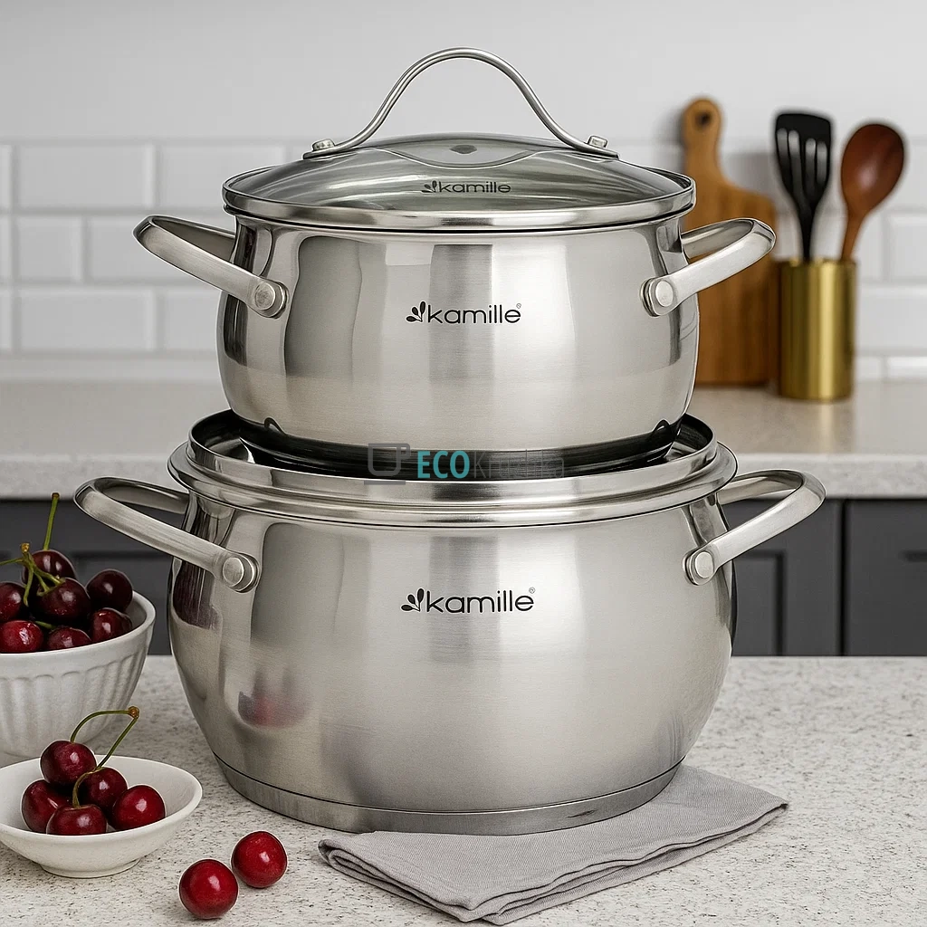 Набір каструль з нержавіючої сталі 4 предмети з кришками (Ø16×10 см, Ø20×11.5 см) – для індукції та посудомийки Kamille KM-5910