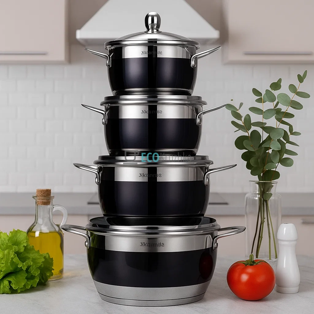 Набір каструль з нержавіючої сталі 8 предметів з кришками (2л, 2.7л, 3.6л, 5.9л) – для індукції та посудомийки Kamille KM-5766 Набір каструль з нержавіючої сталі 8 предметів з кришками (2л, 2.7л, 3.6л, 5.9л) – для індукції та посудомийки Kamille KM-5766