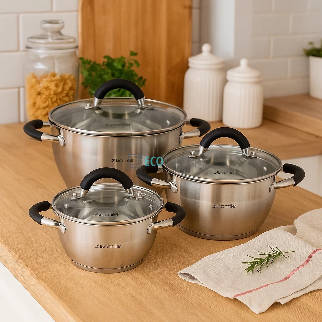 Набір каструль з нержавіючої сталі 6 предметів з кришками (1.8л, 2.5л, 3.5л) – для індукції та посудомийки Kamille KM-5754 Набір каструль з нержавіючої сталі 6 предметів з кришками (1.8л, 2.5л, 3.5л) – для індукції та посудомийки Kamille KM-5754