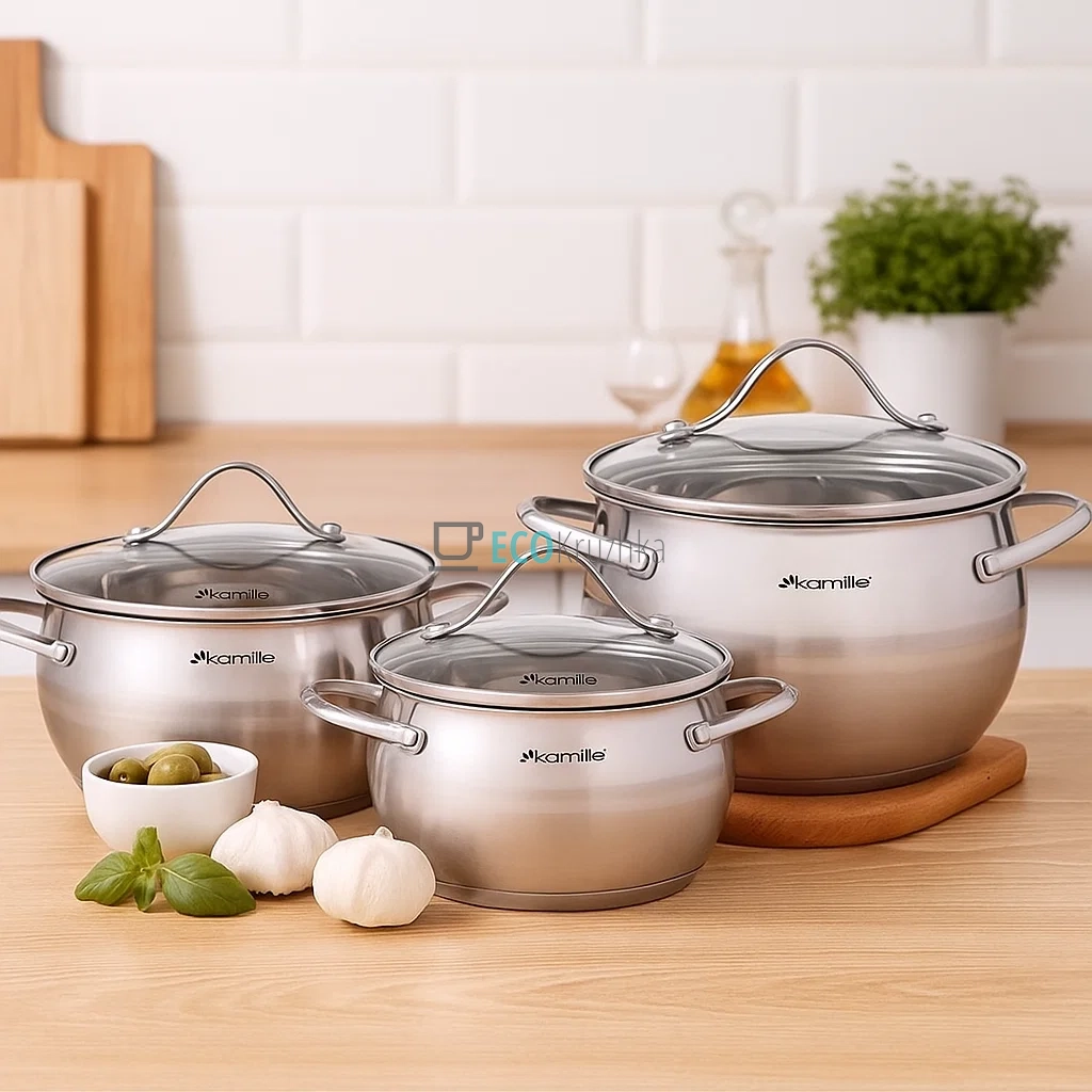 Набір каструль з нержавіючої сталі 6 предметів з кришками (Ø16×10 см, Ø20×11.5 см, Ø24×13.5 см) – для індукції та посудомийки Kamille KM-5911 Набір каструль з нержавіючої сталі 6 предметів з кришками (Ø16×10 см, Ø20×11.5 см, Ø24×13.5 см) – для індукції та посудомийки Kamille KM-5911