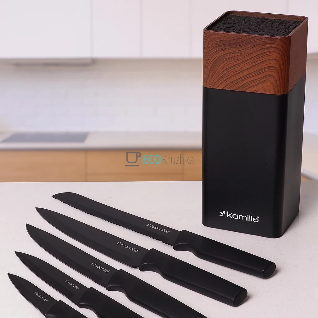 ​Набір кухонних ножів Kamille Acacia Black 6 шт KM-7615