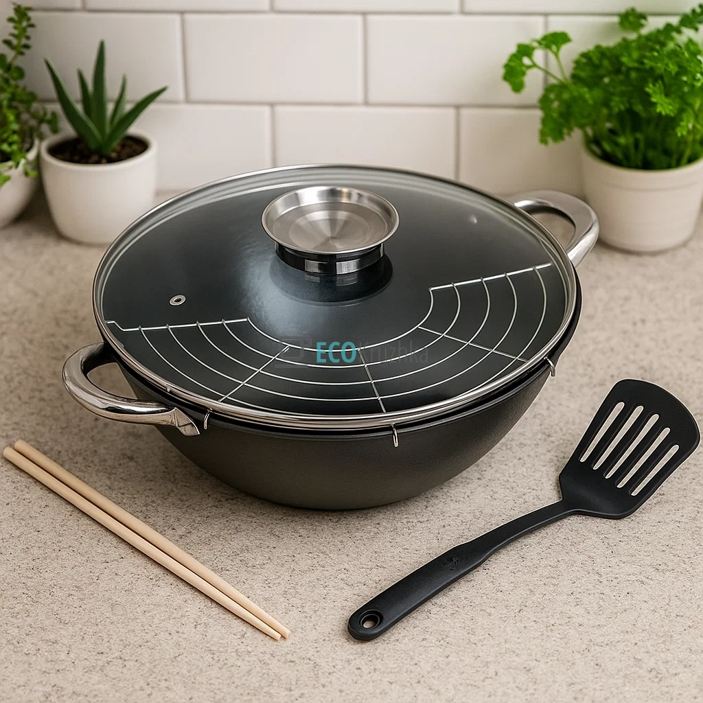 Казан чавунний "Wok", з антипригарним мармуровим покриттям 32 см, 4.5л Kamille 4807MR