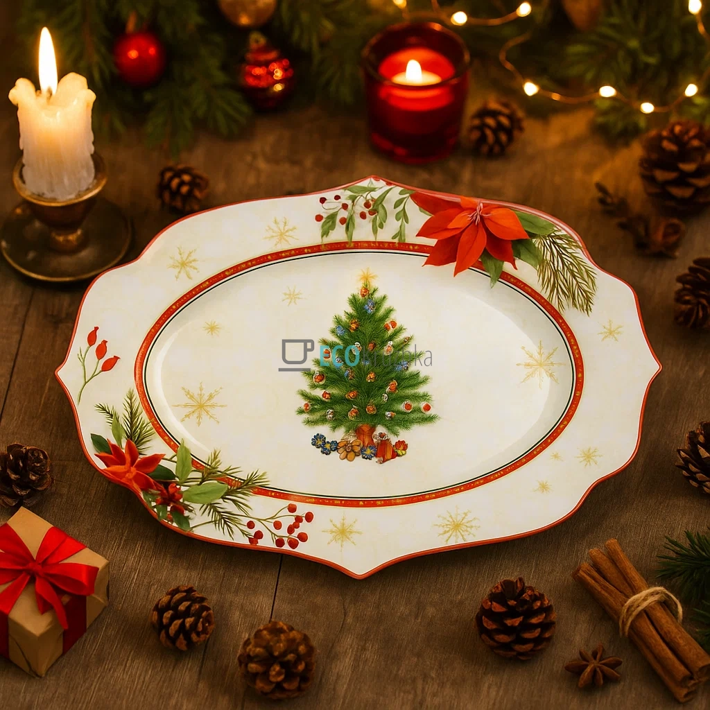 Велика новорічна сервірувальна тарілка Christmas Story 35×25 см • порцеляна для святкового столу (149-042)