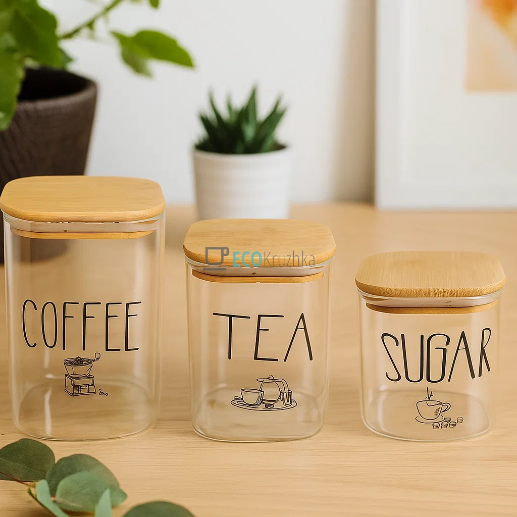 Набір скляних банок для спецій Tea, Coffee, Sugar, 700/900/1200 мл (992-443)