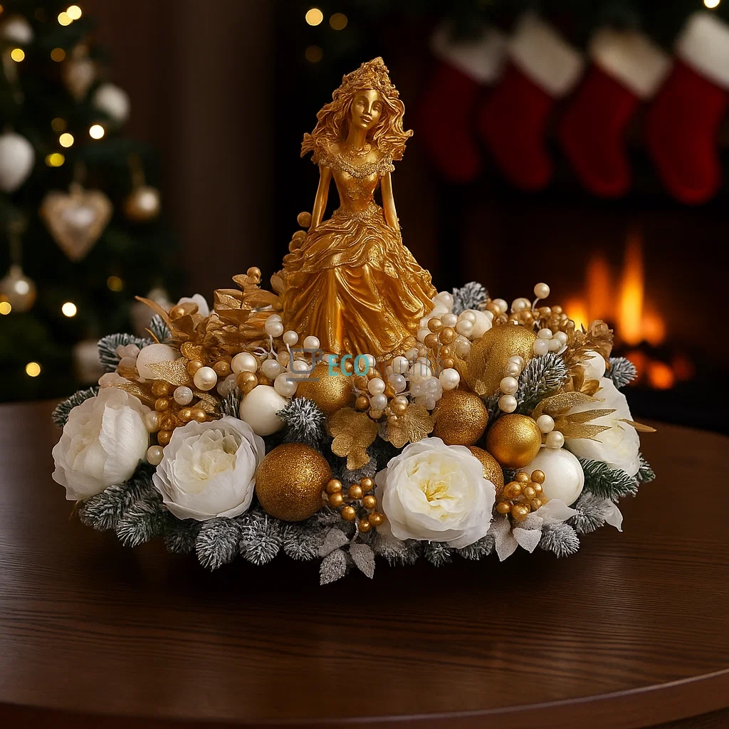 Новорічний вінок "Дівчинка", прикрашений гілками хвої, ягодами та квітами, мідь із білим A-001 Новорічний вінок "Дівчинка", прикрашений гілками хвої, ягодами та квітами, мідь із білим A-001