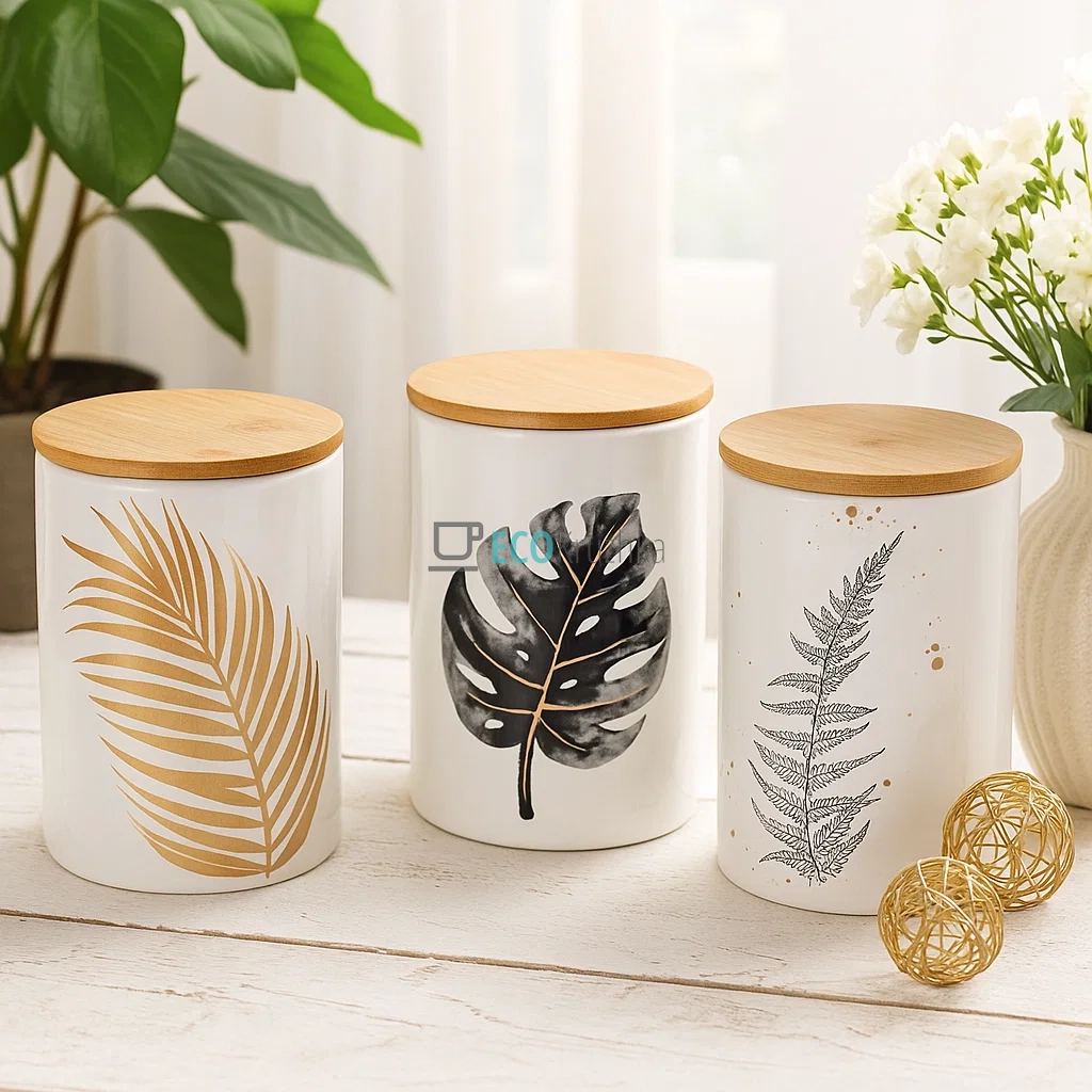 Набір керамічних банок Гаваї з бамбуковими кришками (3 шт, 650 мл, білий із золотом) - 304-948 🌿 Набір керамічних банок Гаваї з бамбуковими кришками (3 шт, 650 мл, білий із золотом) - 304-948 🌿