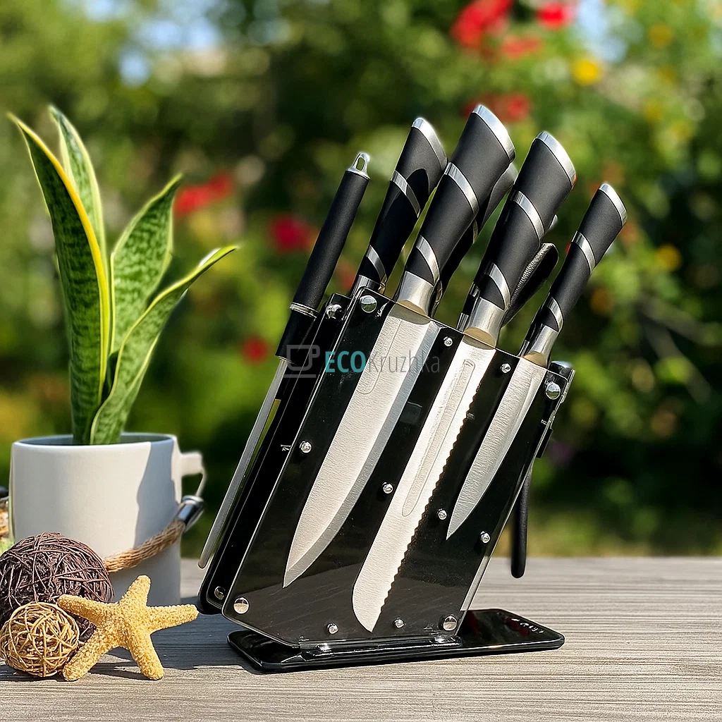 Набір ножів на акриловій підставці 9 предметів з обертовою підставкою Edenberg EB-3613 Набір ножів на акриловій підставці 9 предметів з обертовою підставкою Edenberg EB-3613