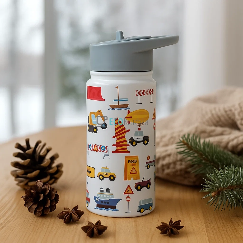 Термопоїлка Транспорт для дітей 480 мл з нержавіючої сталі з 3D-принтом KM-2162 Термопоїлка Транспорт для дітей 480 мл з нержавіючої сталі з 3D-принтом KM-2162