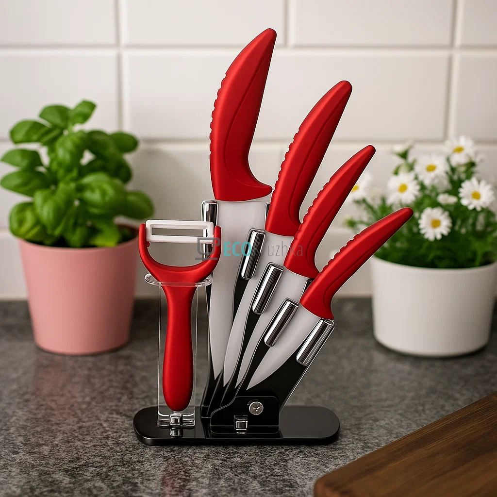 Набір керамічних ножів на підставці 6 предметів Червоний Edenberg EB-7751R Набір керамічних ножів на підставці 6 предметів Червоний Edenberg EB-7751R