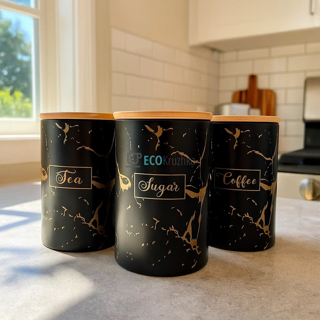 Керамічні банки з бамбуковими кришками (3 шт, 650 мл, чорний матовий із золотом) - 304-947 Керамічні банки з бамбуковими кришками (3 шт, 650 мл, чорний матовий із золотом) - 304-947