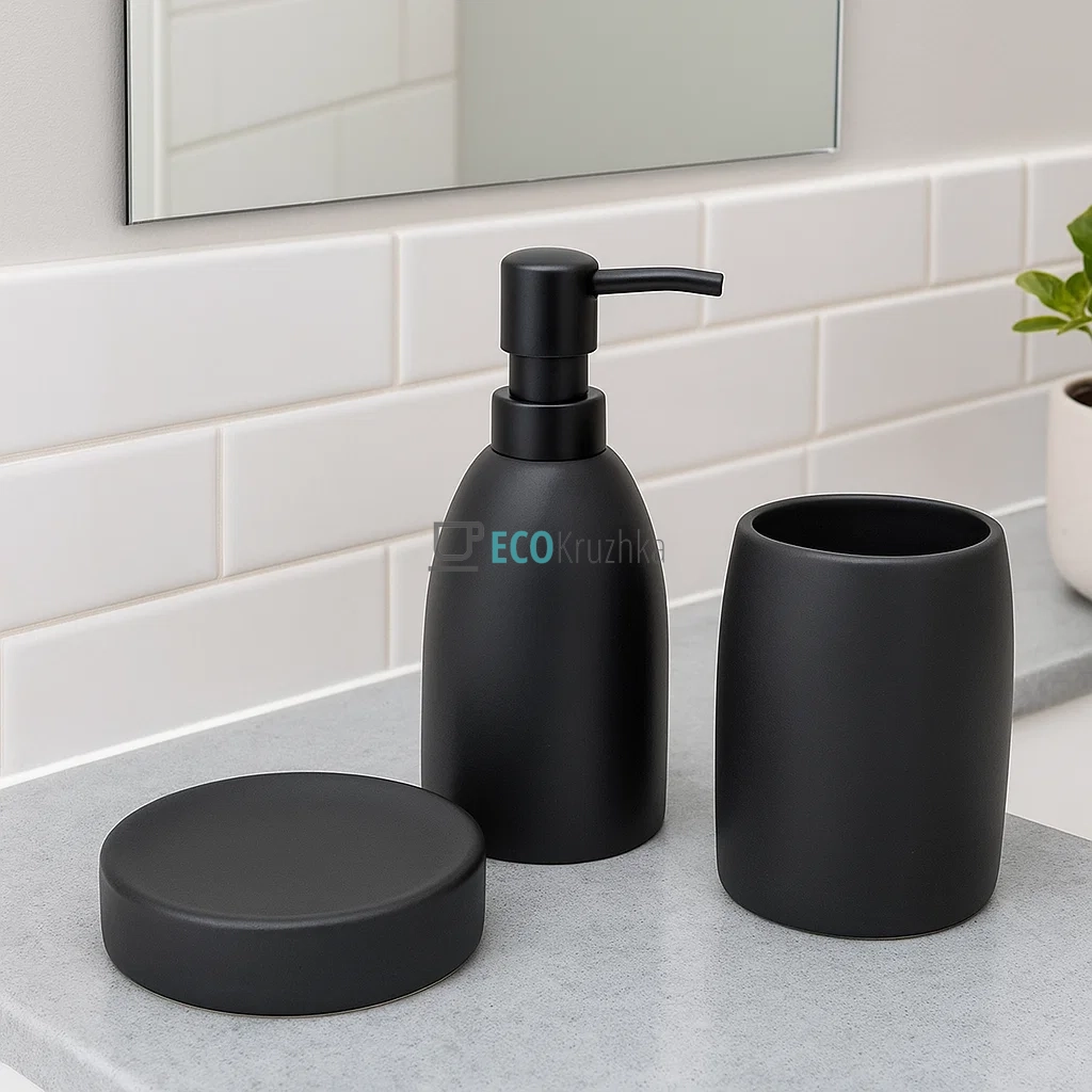 Набір для ванної кімнати (3 предмети) дозатор для мила, склянка для зубних щіток та мильниця, дизайн - чорний 851-325 Набір для ванної кімнати (3 предмети) дозатор для мила, склянка для зубних щіток та мильниця, дизайн - чорний 851-325