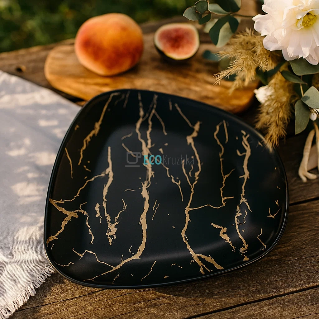 Тарілка порцелянова обідня Мармурова Розкіш, 24см, колір - чорний із золотом 805-718 Тарілка порцелянова обідня Мармурова Розкіш, 24см, колір - чорний із золотом 805-718