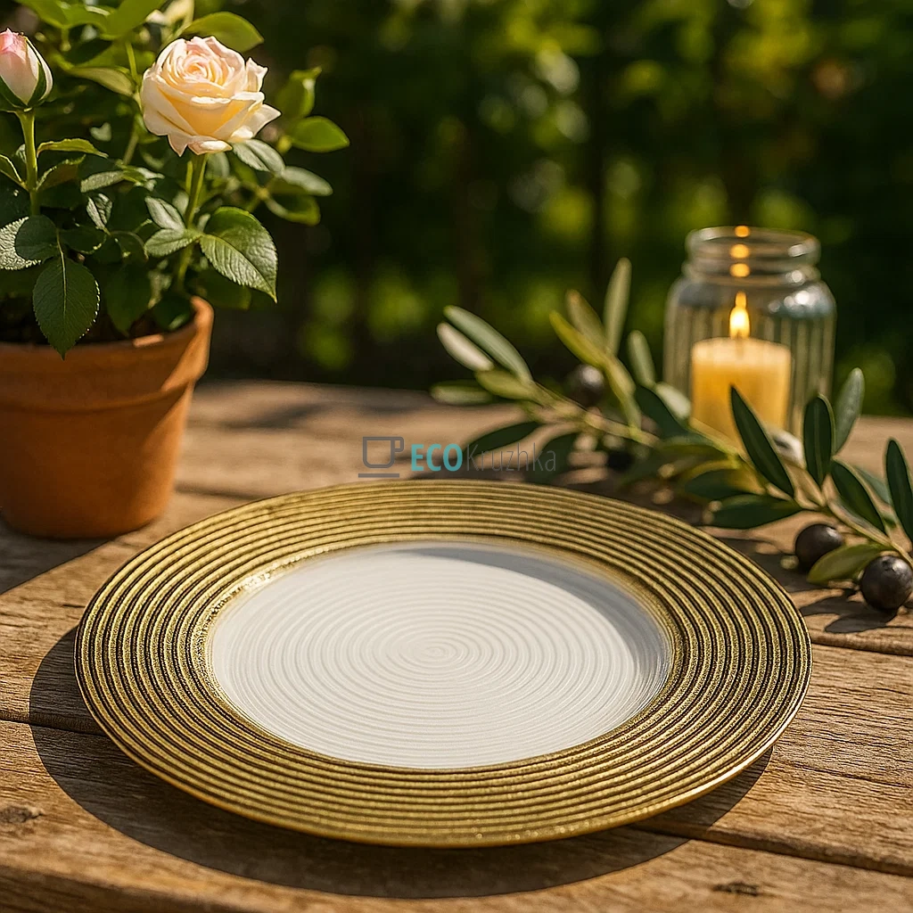 Сервірувальна тарілка скляна, колір - прозорий із золотом, 33см 587-035 Сервірувальна тарілка скляна, колір - прозорий із золотом, 33см 587-035