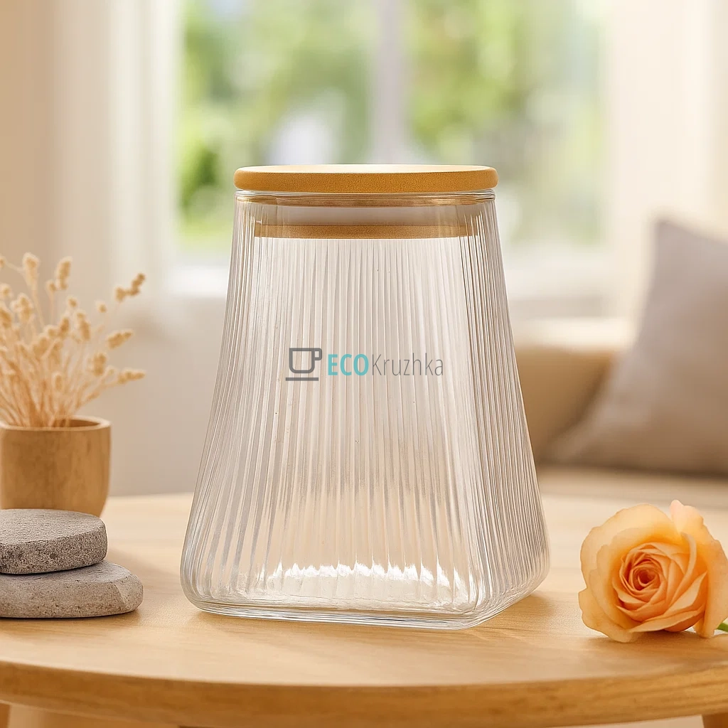 Скляна конусна банка 750мл Ребриста з бамбуковою кришкою Прозорий (992-229)