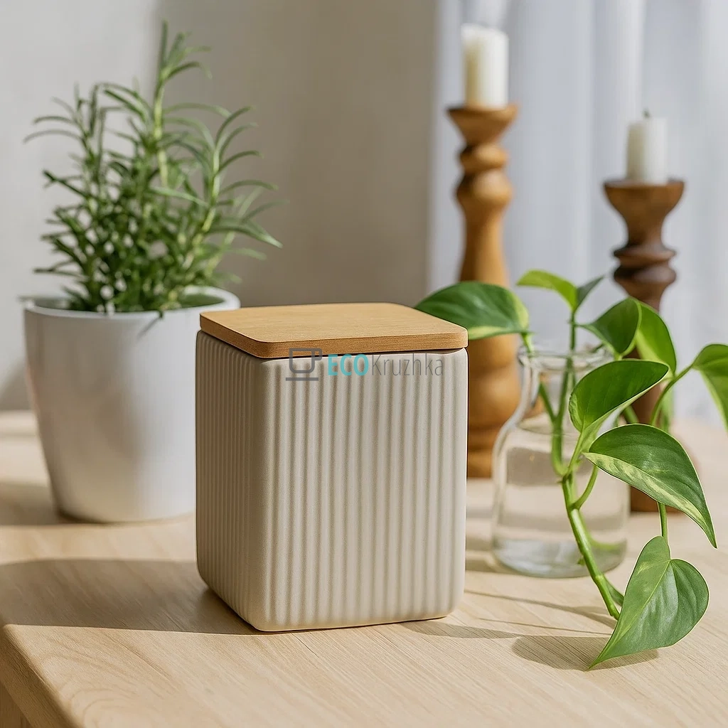 Керамічна банка Scandi Beige з бамбуковою кришкою (900 мл, 10x13 см) - 304-018