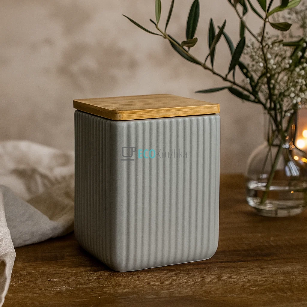 Керамічна банка Scandi Grey з бамбуковою кришкою (900 мл, 10x13 см) - 304-017 Керамічна банка Scandi Grey з бамбуковою кришкою (900 мл, 10x13 см) - 304-017