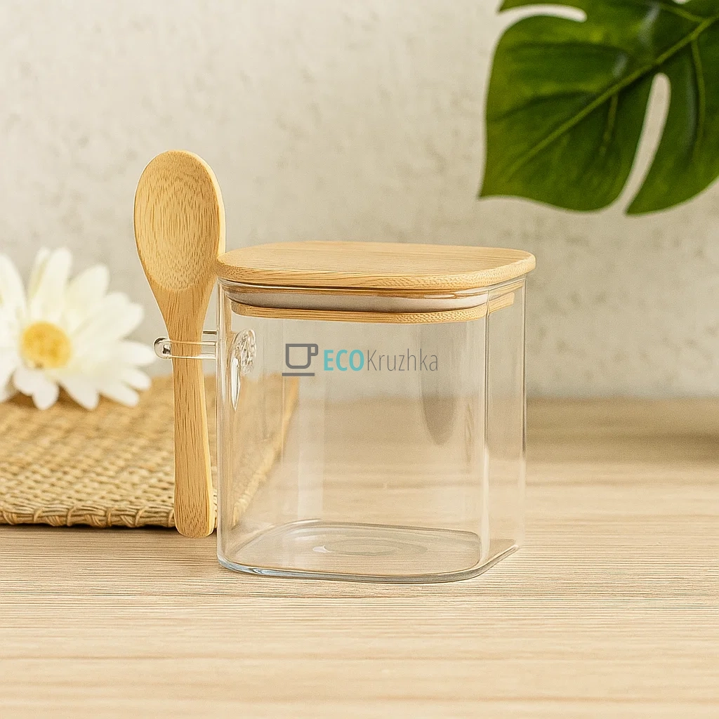 Скляна банка квадратна для зберігання цукру з бамбуковою кришкою та ложкою, 750 мл (992-031) Скляна банка квадратна для зберігання цукру з бамбуковою кришкою та ложкою, 750 мл (992-031)