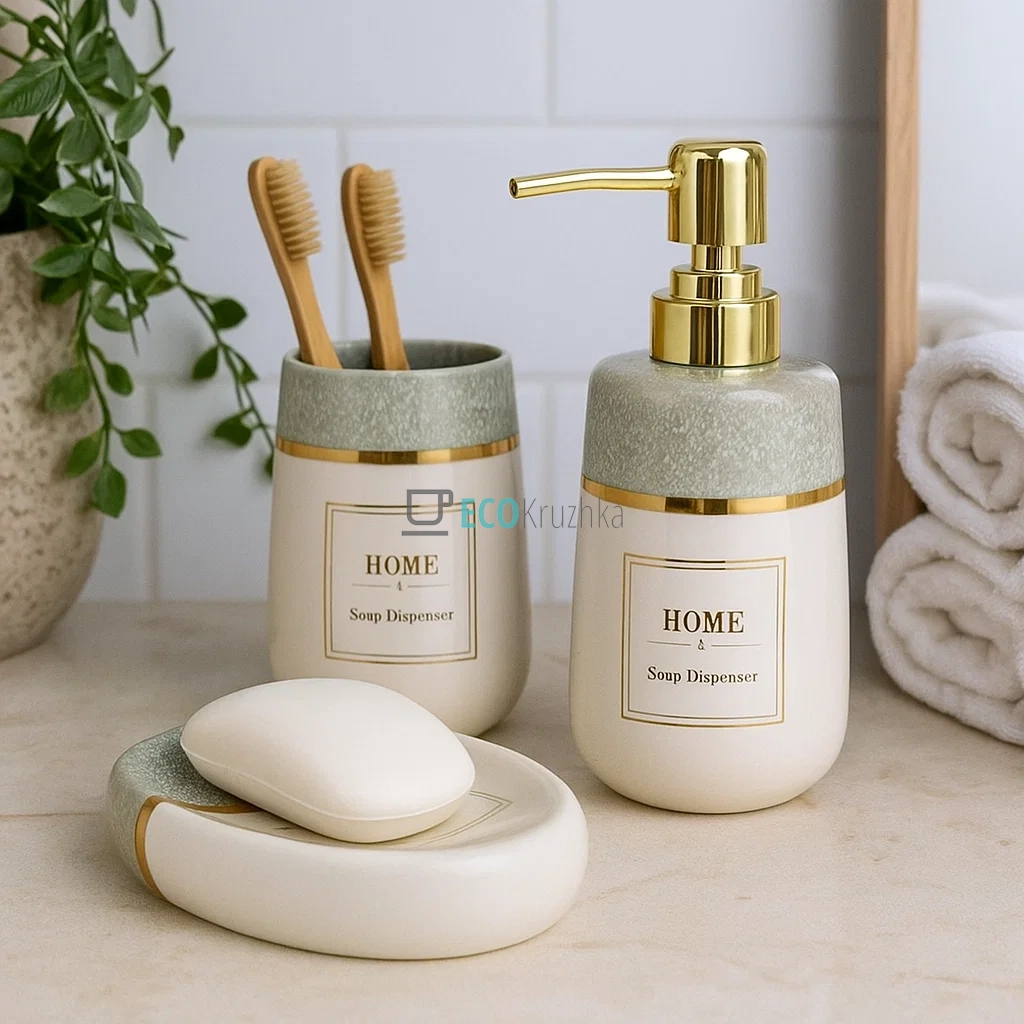 Набір для ванної кімнати "Home" (дозатор, стакан, мильниця) – біло-зелений дизайн (853-178)