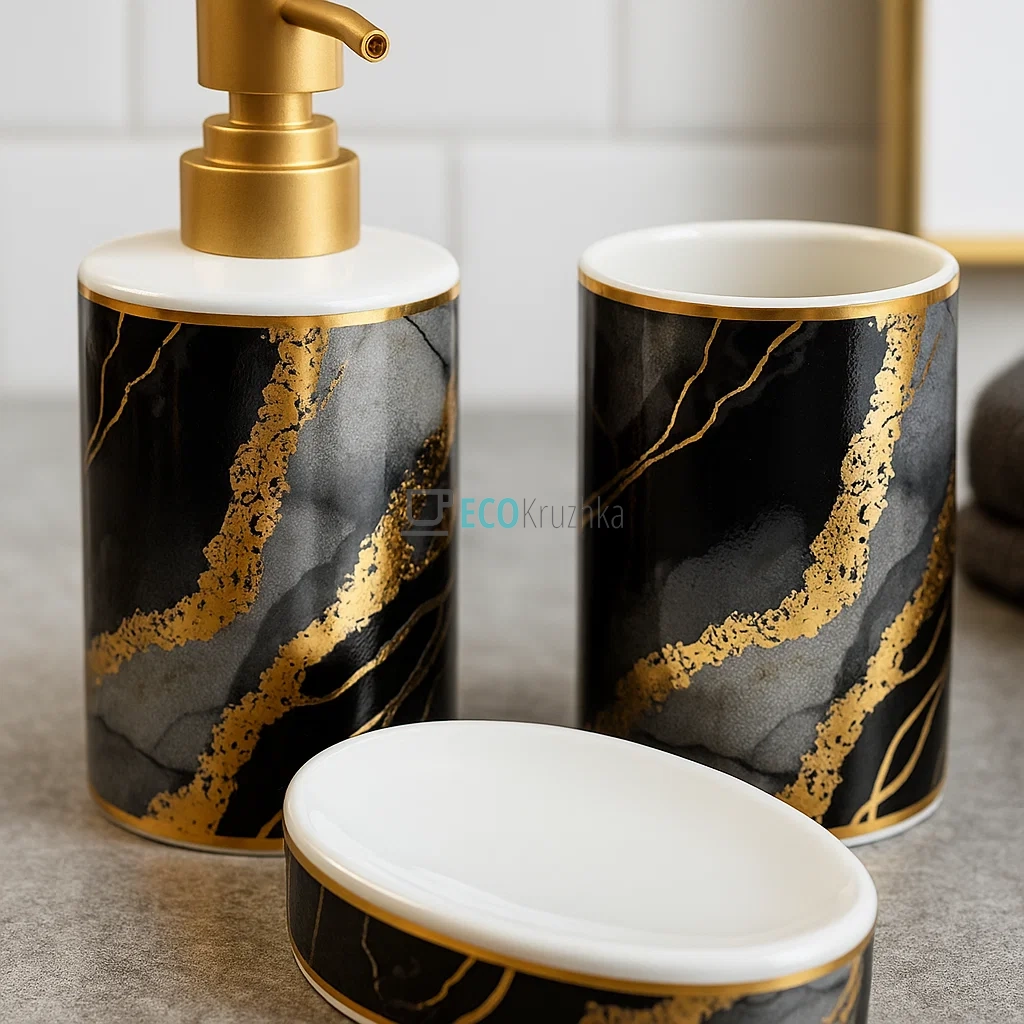 Набір для ванної кімнати "Чорний мармур із золотом" – дозатор, склянка, мильниця (853-174)