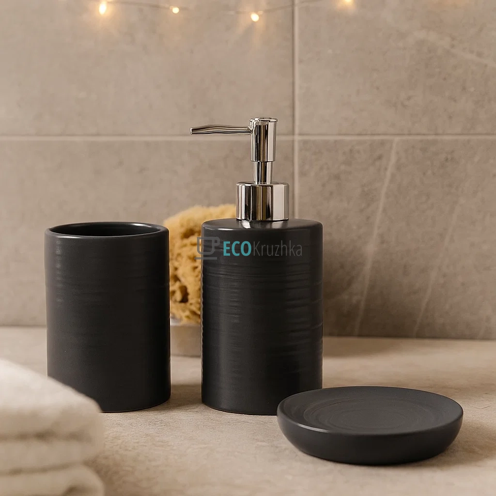 Набір для ванної кімнати (3 предмети): дозатор 390мл, склянка для зубних щіток 390мл, мильниця, колір - графіт (304-973)
