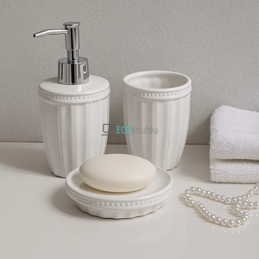 Набір для ванної кімнати (3 предмети): дозатор 390мл, склянка для зубних щіток 390 мл, мильниця, колір - білий (304-975)