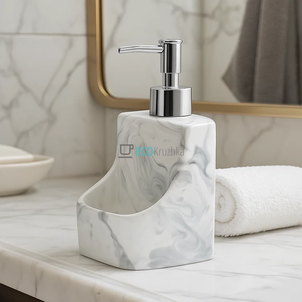 Дозатор "White Marble" для рідкого мила та мийного засобу з тримачем для губки, 400 мл, дизайн білий мармур (851-290)