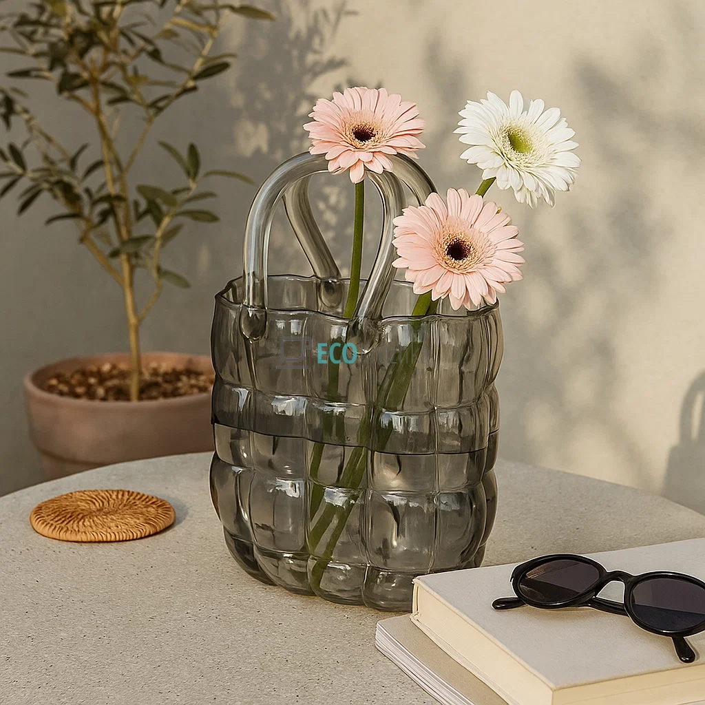 Ваза скляна у формі Сумочки 19 х 11 х 28 см, Прозорий сірий (RM1-408)