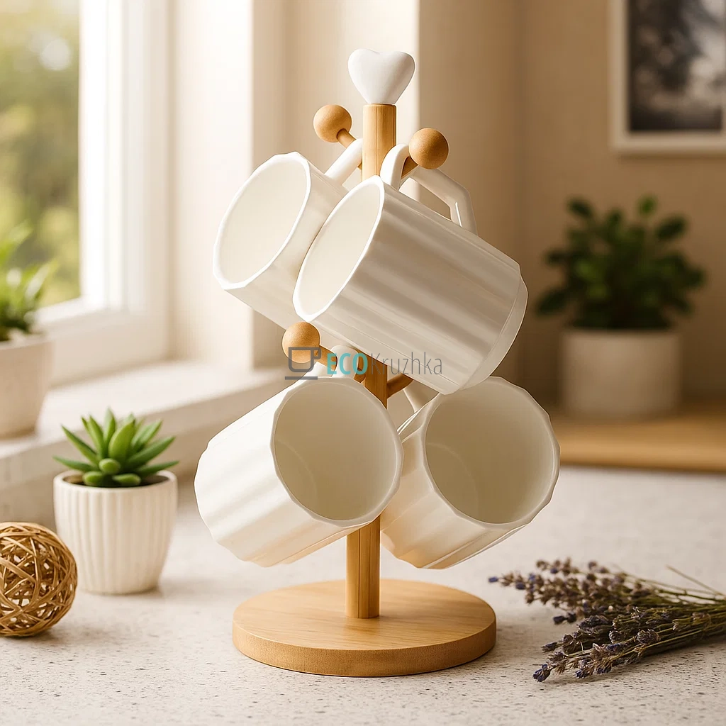 Набір (4шт) фарфорових кухлів 300мл на бамбуковій підставці Naturel, 31см 289-389 Набір (4шт) фарфорових кухлів 300мл на бамбуковій підставці Naturel, 31см 289-389