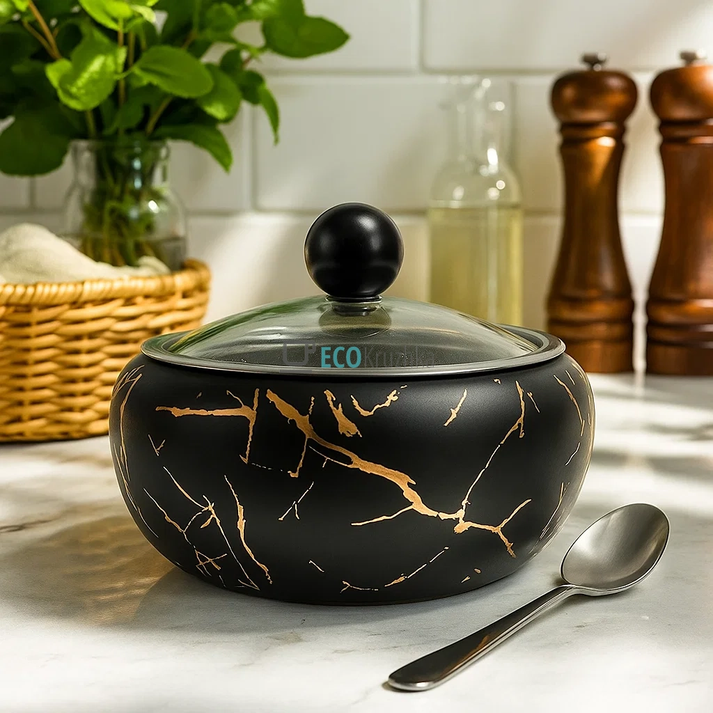 Цукорниця нержавіюча 450 мл з скляною кришкою та ложкою Чорне золото Edenberg EB-18032 Цукорниця нержавіюча 450 мл з скляною кришкою та ложкою Чорне золото Edenberg EB-18032