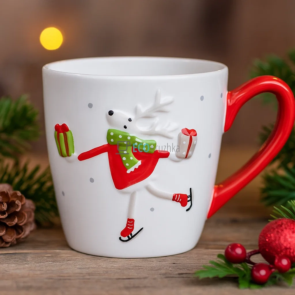 Кружка керамічна "Олень з подарунком", 470 мл, біла з червоною ручкою (арт. 834-350) Кружка керамічна "Олень з подарунком", 470 мл, біла з червоною ручкою (арт. 834-350)