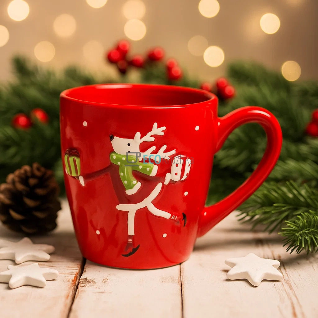Кружка керамічна "Олень з подарунком", 470 мл, червона (арт. 834-349) Кружка керамічна "Олень з подарунком", 470 мл, червона (арт. 834-349)