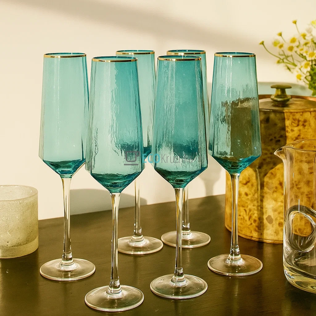 Набір келих 6шт для шампанського з блакитного скла Кристал 190 мл OLSFD1001-6