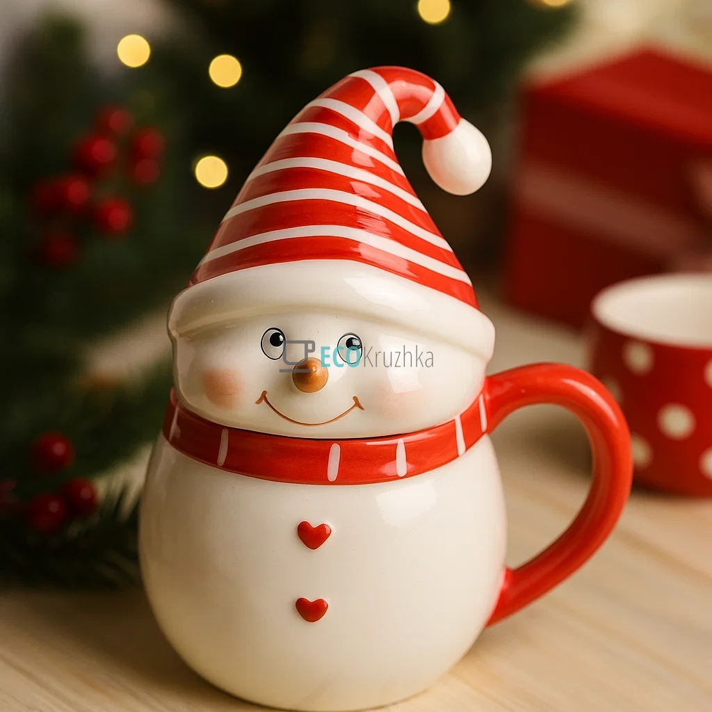 Керамічний кухоль з фігурною кришкою "Милий сніговик", 300 мл (834-413)