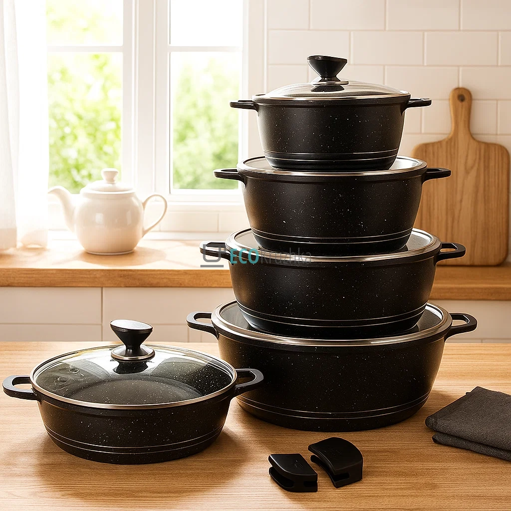 Набір каструль Edenberg 12 предметів з мармуровим антипригарним покриттям, Чорний EB-12911 Набір каструль Edenberg 12 предметів з мармуровим антипригарним покриттям, Чорний EB-12911