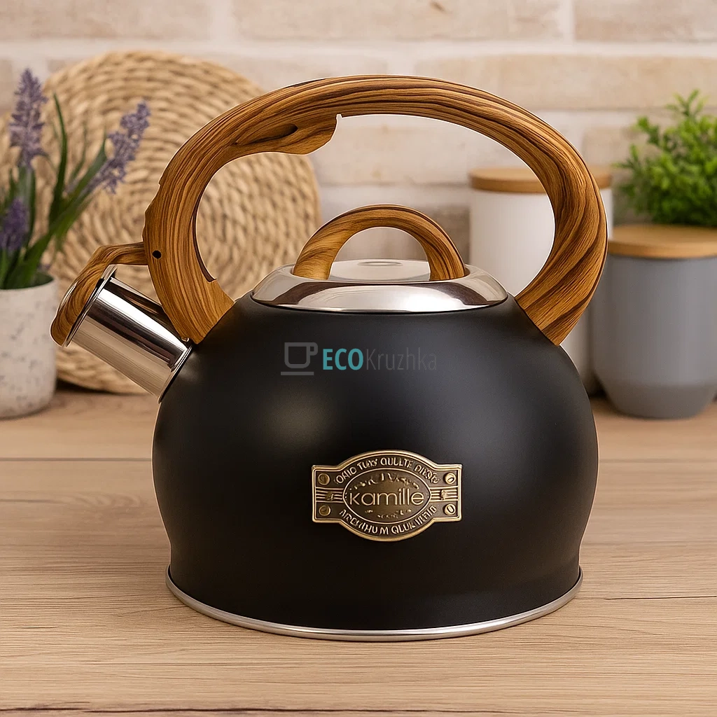 Чайник 2 л з нержавіючої сталі зі свистком та ручкою "soft touch" (чорний) Kamille KM-0851 Чайник 2 л з нержавіючої сталі зі свистком та ручкою "soft touch" (чорний) Kamille KM-0851