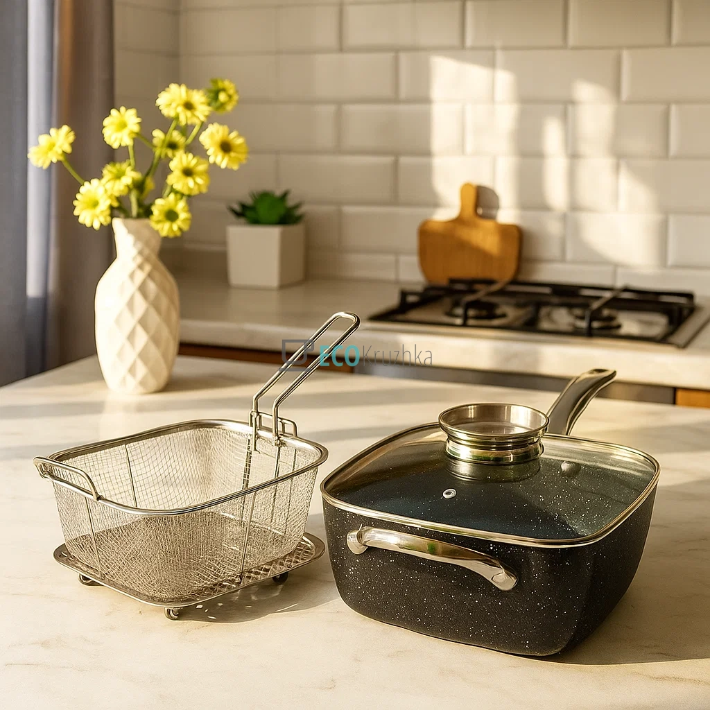 Жаровня-пароварка-фритюрниця квадратна з мармуровим покриттям Чорна Edenberg EB-12111